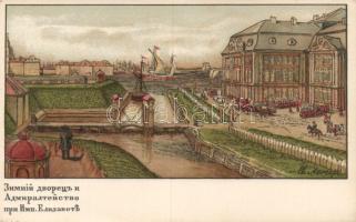 St Petersbourg Admiralty, winter ship station, artist signed litho