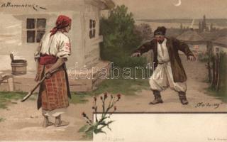 Russian folklore, drunk man, wife, humour, litho, artist signed