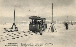 Electric tramway crossing the river Néva in St Petersbourg