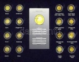 Ausztria-Svájc 2008. A két ország Labdarúgó EB mérkőzéseinek emléket állító komplett 16db-os Au  éremgyűjtemény fa díszdobozban, névre szóló tanúsítvánnyal. Az érmék adatai: 13,92mm/1.244g/0.585 T:PP Csak 1000db! /  Austria-Switzerland 2008. Complete collection of the European Football Championship with 16 different gold coins in original box and with certificates. Details of the coins: 13,92mm/1.244g/0.585 C:PP Only 1000 examples!