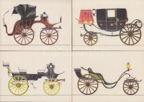 51 db nagyrészt használatlan, modern képeslap közlekedési eszközökről (autók, hintók, hajók, vonatok a régi időkből)