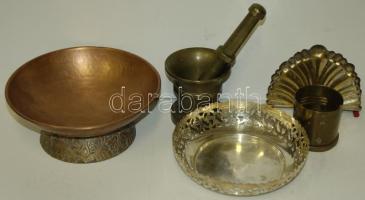 5db klf fém háztartási tárgy: szalvétatartó, 2db kínáló, mozsár, evőeszköz tartó