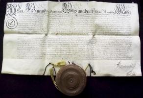 1650 Indigenátust megerősítő oklevél III. Ferdinánd császár saját kezű aláírásával. Az oklevélben II...