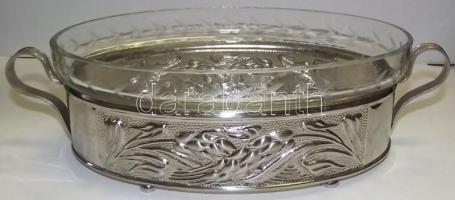 Dekoratív art deco fém kínáló tál üveg betéttel fülekkel 30x15x8cm