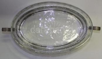 Dekoratív art deco fém kínáló tál üveg betéttel fülekkel 30x15x8cm