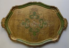 Kézzel festett aranyozott fa tálca apró hibákkal 33x48cm