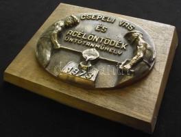 1973. "Csepeli Vas és Acélöntödék Öntőtanműhely" Br asztali plakett fa talapzaton (17,5cm ...