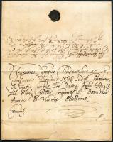1687 Gerhart György szeredi kapitány felesége Beniczky Anna által írt latin nyelvű, viaszpecsétes levél. Királyfalu - Körmöcbánya / 17 01 1687 Letter signed by the wife of the captain of Sered. Királyfalu - Cremnici