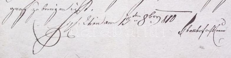 1810 Katonai végelbocsájtó levél Johan Batsch tüzér részére viaszpecséttel és főtiszti aláírásokkal ...