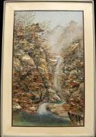 Hegyvidéki tájat ábrázoló kagylóhéjakból készített kép keretben 23x34cm