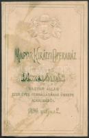 1896 Magyar Királyi Operaház. Díszelőadás a Magyar Állam ezer éves fennállásának ünnepe alkalmából. Bp., 1896. Rigler József. 47 p. A millenniumi állami ünnepség csúcspontja Erkel Ferenc operájának díszelőadása volt. Az opera négynyelvű szövegkönyve, színlappal. Aranyozott félvászon kötésben, dombornyomásos papírborítóban, aranyozott élekkel. A borítón néhány folt, de belül kifogástalan állapotban. / 1896 Millenium of the Hungarian State. Text book in 4 languages 47p. with ornamented cover. 15x23 cm