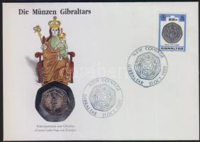 Gibraltár 1990. 20p "II. Erzsébet" bélyeges érmés borítékon, alkalmi bélyegzővel T:1 hátoldali ismertetővel