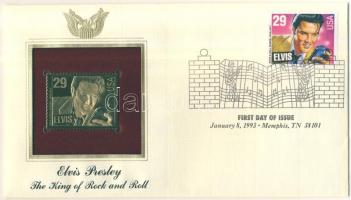 USA/Memphis 1993. "Elvis Presley /A Rock & Roll Királya- aranyfóliás(22kt) bélyeg replika FDC borítékban, bélyeggel és elsőnapi bélyegzővel és ismertetővel T:1 USA/Memphis 1993. "Elvis Presley/The King of the Rock & Roll-gold(22kt)foil stamp replica on First Day Issue envelop with stamp and information C:Unc