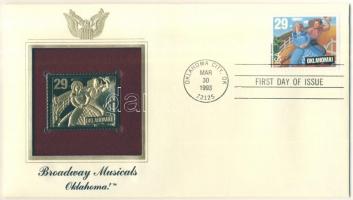 Amerikai Egyesült Államok/Oklahoma 1993. "Broadway-musicelek/Oklahoma!" aranyfóliás(22kt) bélyeg replika FDC borítékban, bélyeggel és elsőnapi bélyegzővel és ismertetővel T:1 USA/Oklahoma 1993. "Broadway musicals/Oklahoma!" gold(22kt)foil stamp replica on First Day Issue envelop with stamp and information C:Unc