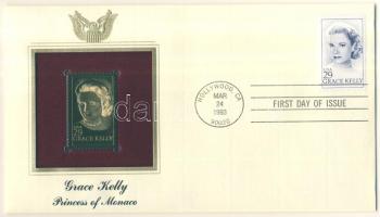 USA/Hollywood 1993. "Grace Kelly/Monaco hercegnője" aranyfóliás(22kt) bélyeg replika FDC borítékban, bélyeggel és elsőnapi bélyegzővel és ismertetővel T:1 USA/Hollywood 1993. "Grace Kelly/Princess of Monaco" gold(22kt)foil stamp replica on First Day Issue envelop with stamp and information C:Unc