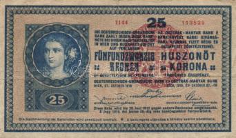 1918. 25K kis méretű sorszámozással és "Magyarország" bélyegzéssel, hullámos hátlap T:III