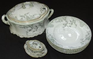 cca 1900 Impozáns kézzel festett, aranyozott német porcelán étkészlet némi hiánnyal / Exclusive set of vintage chinaware dish set