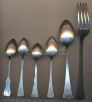5db ezüst (Ag) kiskanál + 1db ezüst villa (dianás jelzéssel) 125,7g / 5 silver spoons and one fork