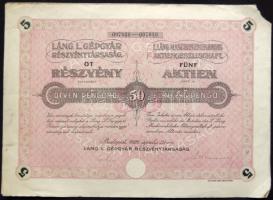 1926. Láng L. Gépgyár Részvénytársaság 5 részvénye 50P-ről szelvényekkel szárazpecséttel