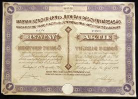 Budapest 1926. Magyar Kender,-Len-és Jutaipar Részvénytársaság részvénye 40P-ről szelvényekkel