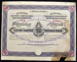 Budapest 1926. "Hungaria Egyesült Gőzmalmok Részvénytársaság" részvénye 15P-ről szelvényekkel szárazpecséttel (kis papírhiány)