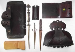 Bőrdíszműves íróasztali készlet. Toll és jegyzettartó, újságtartó, levélkések