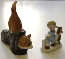 Kis műkőből készült cica és egy kislányt kakassal ábrázoló porcelán figura