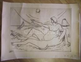 Borsos Miklós (1906-1990): Napozás a tengerparton, rézkarc-papír, jelzett 61x86cm
