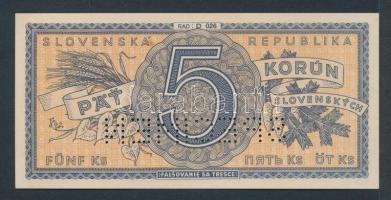 Szlovákia 1945. 5K "SPECIMEN" lyukasztással T:I Slovakia 1945. 5 Korun "SPECIMEN" perforation C:Unc