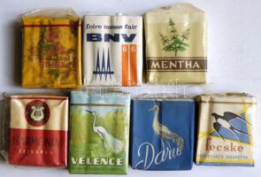 cca 1970 7db bontott csomag régi cigaretta: Mentha, BNV, Harmonia, Tulipán, Fecske, Daru, Velence