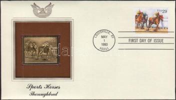 USA/Louisville 1993. "Sportlovak/Angol telivér" aranyfóliás(22kt) bélyeg replika FDC borítékban, bélyeggel és elsőnapi bélyegzővel és ismertetővel T:1 USA/Louisville 1993. "Sports Horses/Thoroughbred" gold(22kt)foil stamp replica on First Day Issue envelop with stamp and information C:Unc