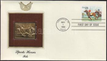 USA/Louisville 1993. "Sportlovak/Lovaspóló" aranyfóliás(22kt) bélyeg replika FDC borítékban, bélyeggel és elsőnapi bélyegzővel és ismertetővel T:1 USA/Louisville 1993. "Sports Horses/Polo" gold(22kt)foil stamp replica on First Day Issue envelop with stamp and information C:Unc
