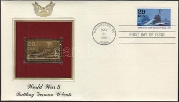 USA/Washington 1993. "II. Világháború/német tengeralattjáró csata" aranyfóliás(22kt) bélyeg replika FDC borítékban, bélyeggel és elsőnapi bélyegzővel és ismertetővel T:1 USA/Washington 1993. "World War II/Battling German U-boats" gold(22kt)foil stamp replica on First Day Issue envelop with stamp and information C:Unc