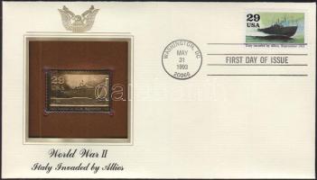 USA/Washington 1993. "II. Világháború/Olaszország Szövetséges megszállása" aranyfóliás(22kt) bélyeg replika FDC borítékban, bélyeggel és elsőnapi bélyegzővel és ismertetővel T:1 USA/Washington 1993. "World War II/Italy Invaded by Allies" gold(22kt)foil stamp replica on First Day Issue envelop with stamp and information C:Unc