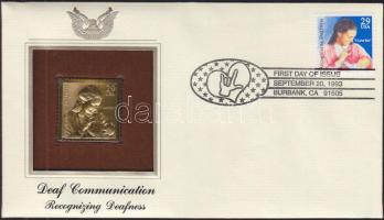 USA/Burbank 1993. "Siket kommunikáció/siketség felismerése" aranyfóliás(22kt) bélyeg replika FDC borítékban, bélyeggel és elsőnapi bélyegzővel és ismertetővel T:1 USA/Burbank 1993. "Deaf Communication/Recognizing Deafness" gold(22kt)foil stamp replica on First Day Issue envelop with stamp and information C:Unc