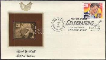 USA/Cleveland 1993. "Rock & Roll/Ritchie Valens" aranyfóliás(22kt) bélyeg replika FDC borítékban, bélyeggel és elsőnapi bélyegzővel és ismertetővel T:1 USA/Cleveland 1993. "Rock & Roll/Ritchie Valens" gold(22kt)foil stamp replica on First Day Issue envelop with stamp and information C:Unc