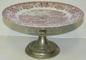 Régi festett porcelán kínáló tál fém talapzaton 14cm magas, d: 25cm