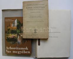 3db klf témájú könyv: 1938 Latin nyelvtan (Alaktan és mondattan) középiskolák számára, Baum-Óz a nagy varázsló és Moliére-Dandin György vagy a megcsúfolt férj forgatókönyve, 1977 Temesi-Lussa: Arborétumok Vas megyében, Natura kiadó Bp.