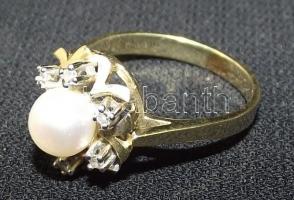 14K-os női Au gyűrű, 1db tenyésztett gyöngy és 6db brill kővel(0,12ct) (d=20mm) összesen 5,4g /Femal...