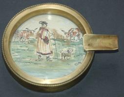 cca 1930 Kis réz hamutartó festett képpel díszítve 12cm