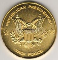 USA 80-as évek "Ronald Reagen támogatóinak...-Medal of Merit" dekoratív nagyalakú aranyozott bronzplakett, eredeti díszdobozban T:1