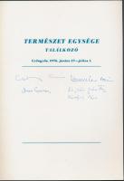 1976 Természet egysége találkozó emléklap tudósok aláírásával: Csányi Vilmos biológus, Marx György atomfizikus, Kajtár Márton kémikus, Károlyházi Frigyes fizikus