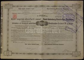 1884. Győr-sopron-ebenfurti vasút részvénye 200Ft-ról ezüstben, német és magyar nyelven, szelvényekkel