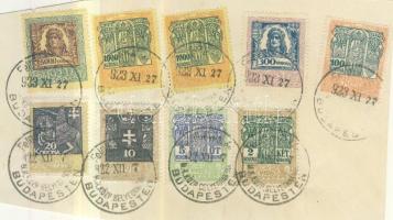 74 db (61 klf) magyar illeték és okmánybélyeg berakólapon, kivágáson