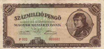 1946. 100.000.000P (6x) különböző színváltozatok, köztük egyik 002-es sorozatszámmal T:II