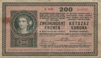 1918. 200K "A 2055" hullámos hátlappal és a hátlapon lila "Magyar Általános Hitelbank Temesvári Fiókja" felülbélyegzéssel  T:III-