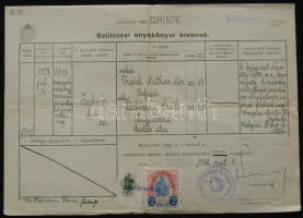 1942 Születési anyakönyvi kivonat Nagyvárad városi okmánybélyeg + 1P illetékbélyeg vegyes lerovással