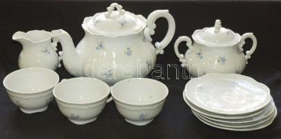 Apró virágokkal díszített jelzett Zsolnay porcelán teáskészlet: kanna, cukortartó, tejkiöntő, 3db bögre és 5db tányér / Zsolnay chinaware tea set