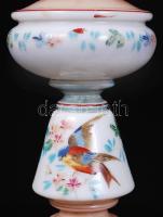 Kézzel festett dekoratív üveg petróleum lámpa buráján matricás díszítéssel m:49 cm, az alján kis tör...