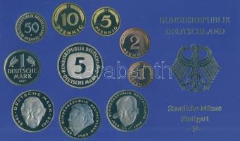 Németország / Stuttgart 1997F 1pf-5M 10klf forgalmi érme sor kiadása eredeti plasztik és papírtokban! T:PP tanúsítvánnyal Germany / Stuttgart 1997F 1 Pfennig + 2 Pfennig + 5 Pfennig + 10 Pfennig + 50 Pfennig + 1 Mark + 2 Mark + 5 Mark coin set in original box and with certificate C:PP